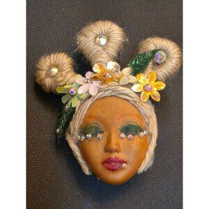 Handcrafted Face Brooch With Floral Accents & Rhinestones